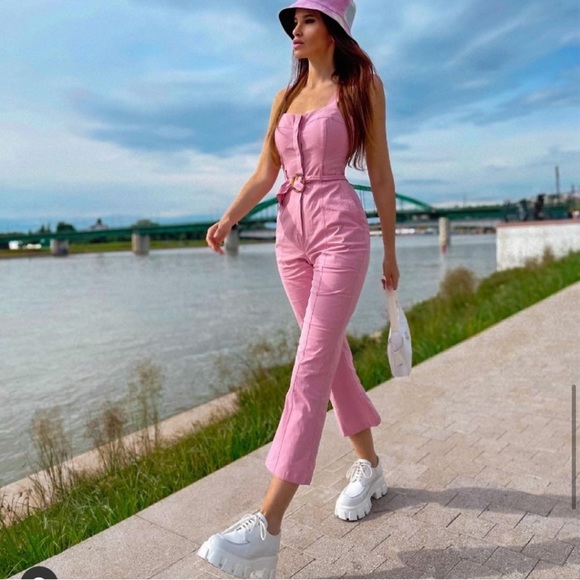 NWT ZARA Fitted Jumpsuit With Belt Pink XS - Picture 3 of 10